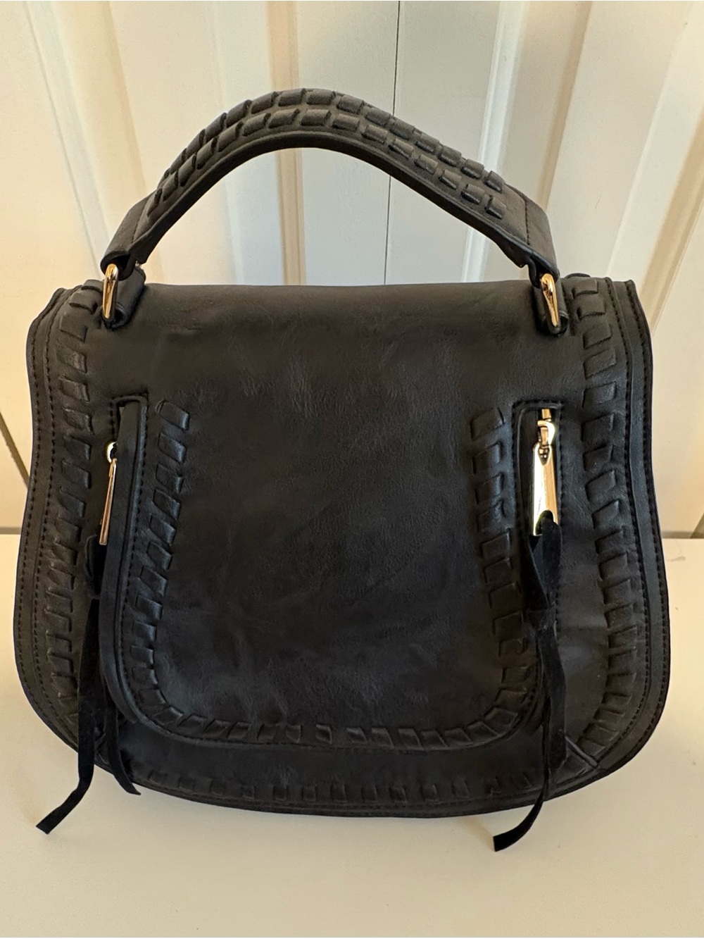 URBAN EXPRESSIONS Vegan Leather Black Woven-Trim Top Handle Shoulder Bag